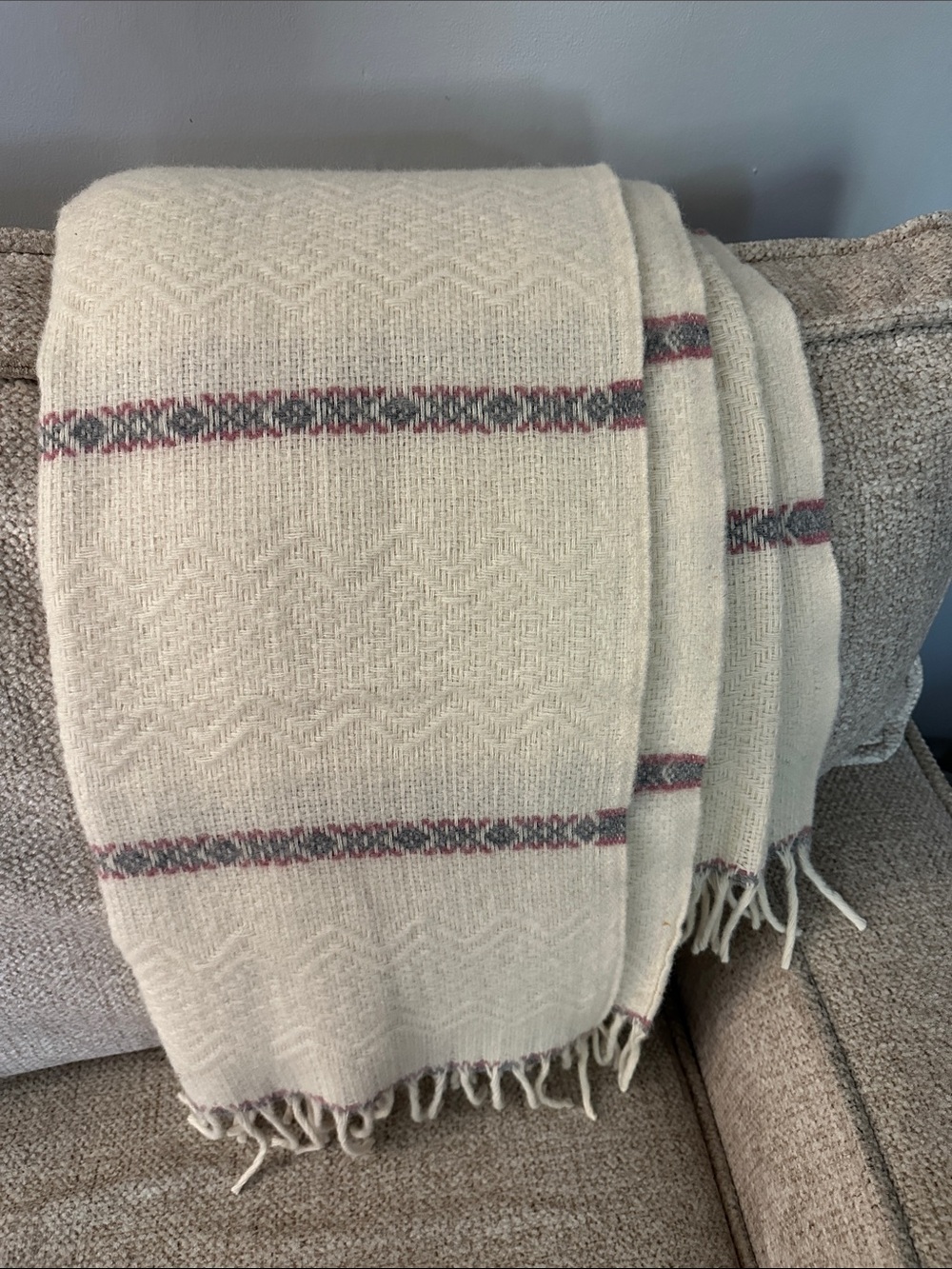 Cream Woven Fringe Throw Blanket with Pink and Gray Accent Stripes